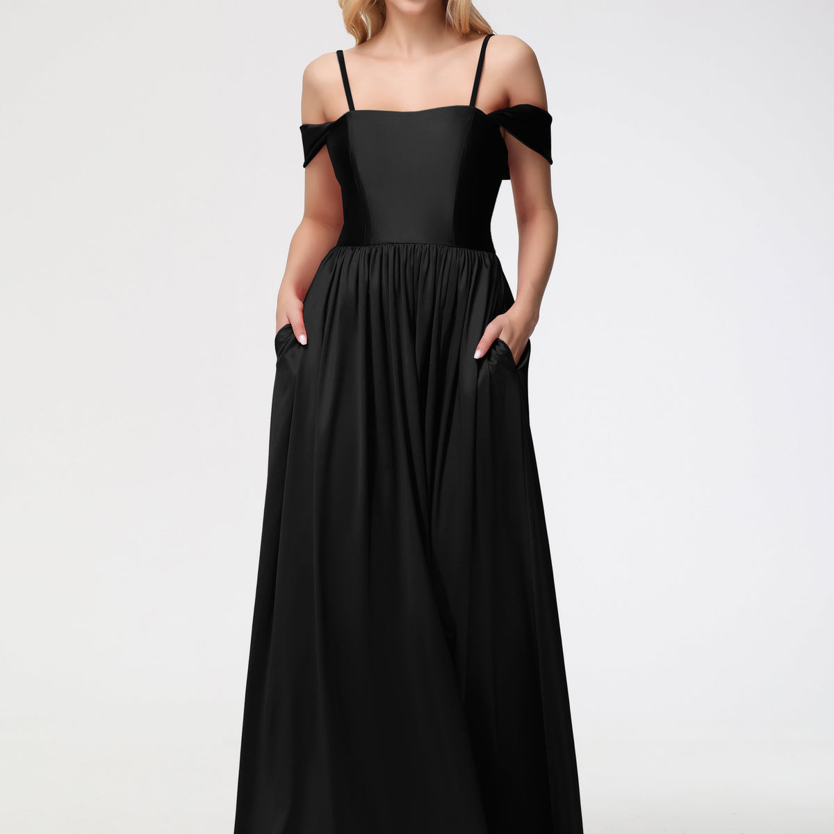 black bridesmaid dresses with pockets A-line V-neck Soft Satin Long Bridesmaid Dress with Pockets