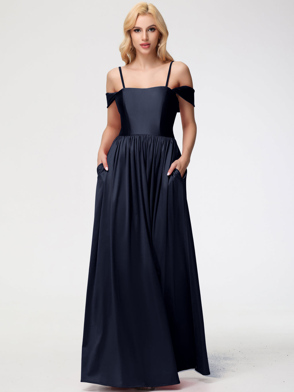 navy bridesmaid dresses with pockets Dark Off The Shoulder Floor Length Stretch Satin Bridesmaid Dress Long sleeves