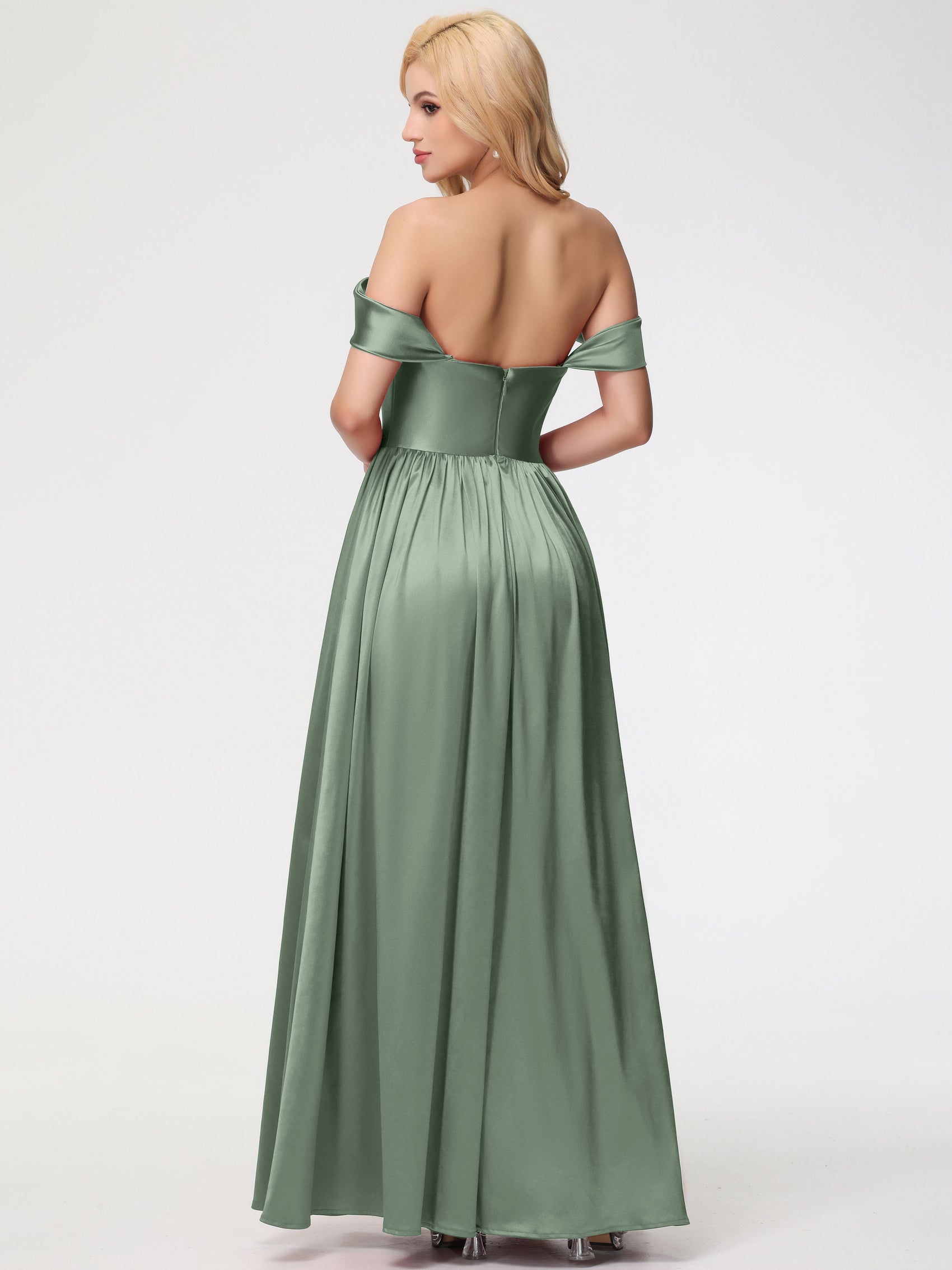 Lace Bodice Off-Shoulder Floor-Length Gown Dusty Sage