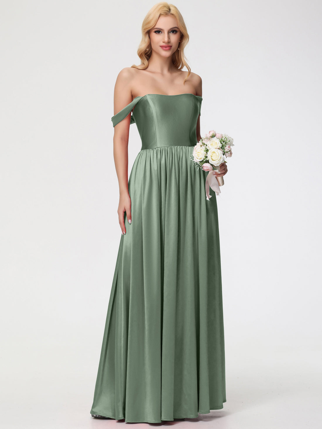 Dusty Sage Prom Off The Shoulder Floor Length Stretch Satin Prom Dress