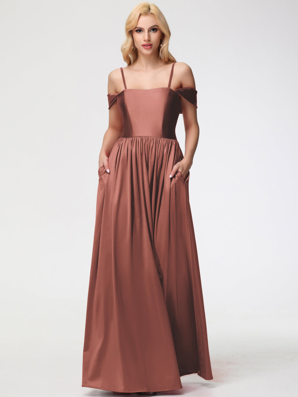 terracotta satin bridesmaid dresses Bridesmaids Dress Off The Shoulder Floor Length Stretch Dress With Pockets Size:39 / UK 6 / US 8 youll feel comfortable but light blue long fitted dress Ulla Johnson | Women's