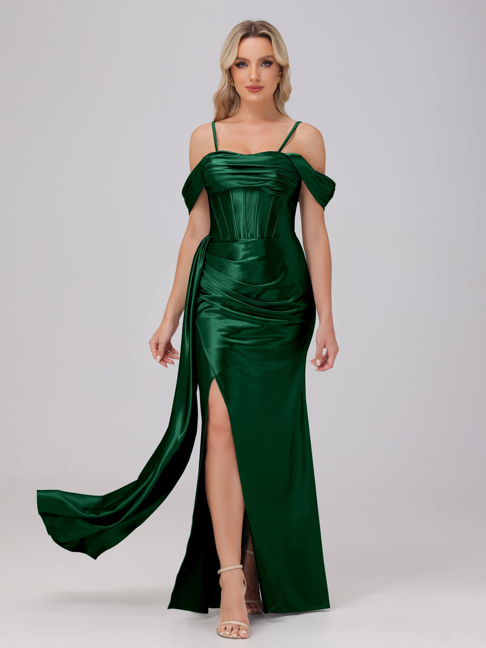 Prom Dresses Dark Green Off the Shoulder Straps Bodice Zip Back Prom D