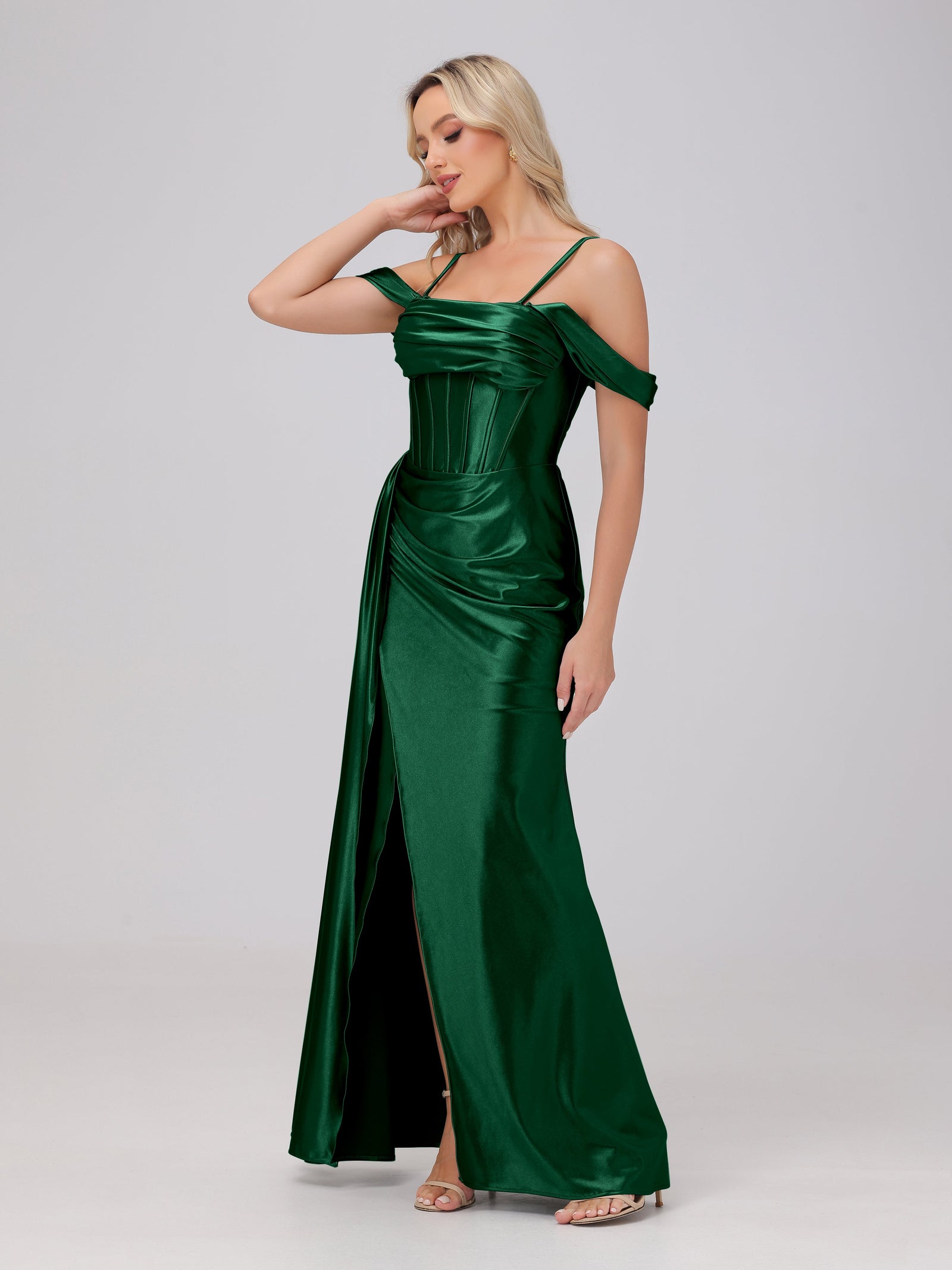 Prom Dresses Dark Green Off the Shoulder Straps Bodice Zip Back Prom D
