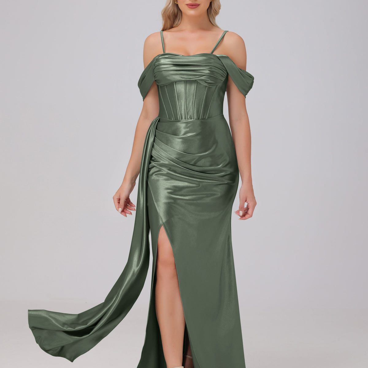 olive off the shoulder dress Olive Green Prom Dresses Off the Shoulder Straps Bodice Zip Back Prom