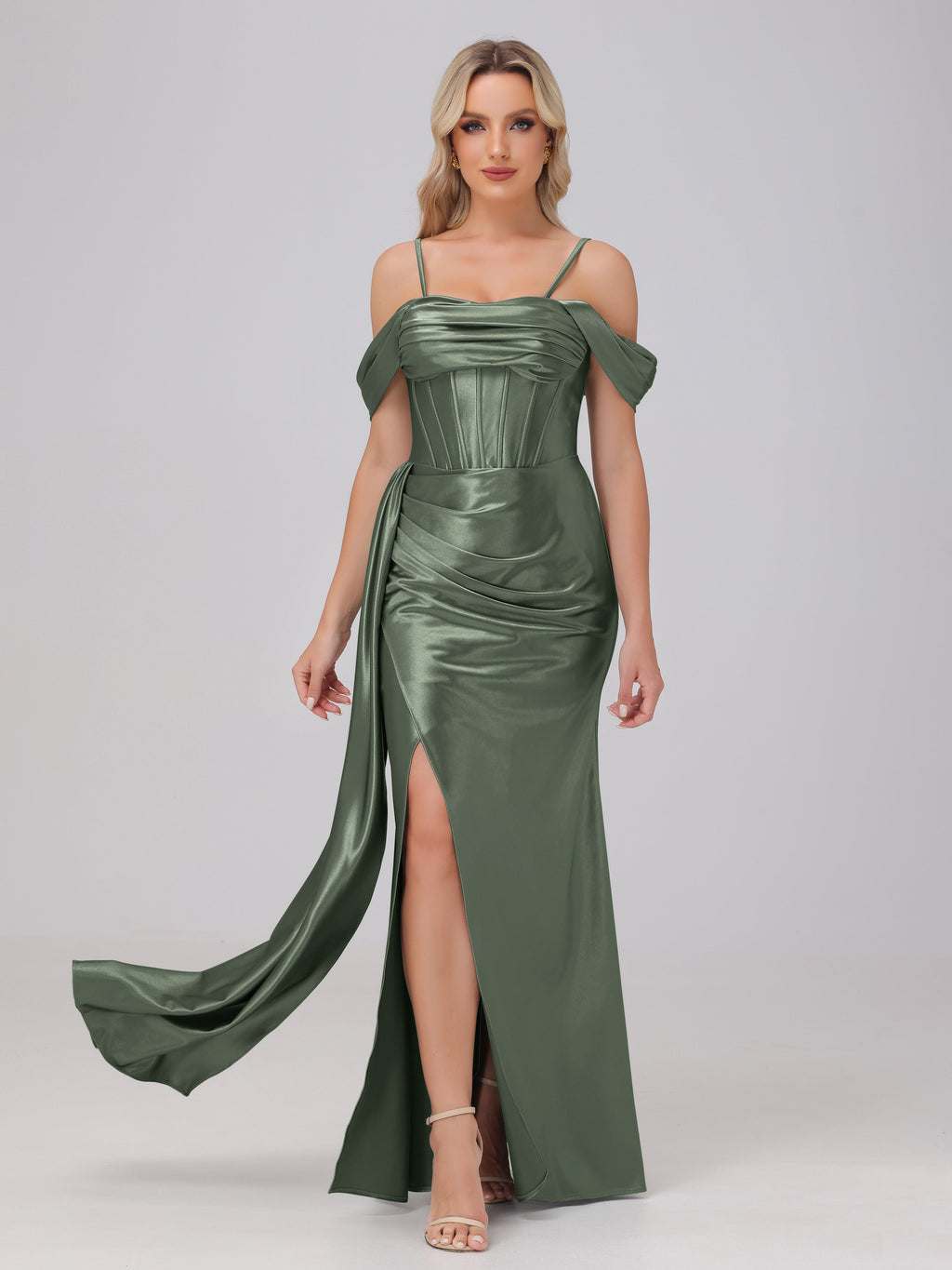 Olive Green Formal Dresses Off the Shoulder Straps Bodice Zip Back Formal Dresses with Slit