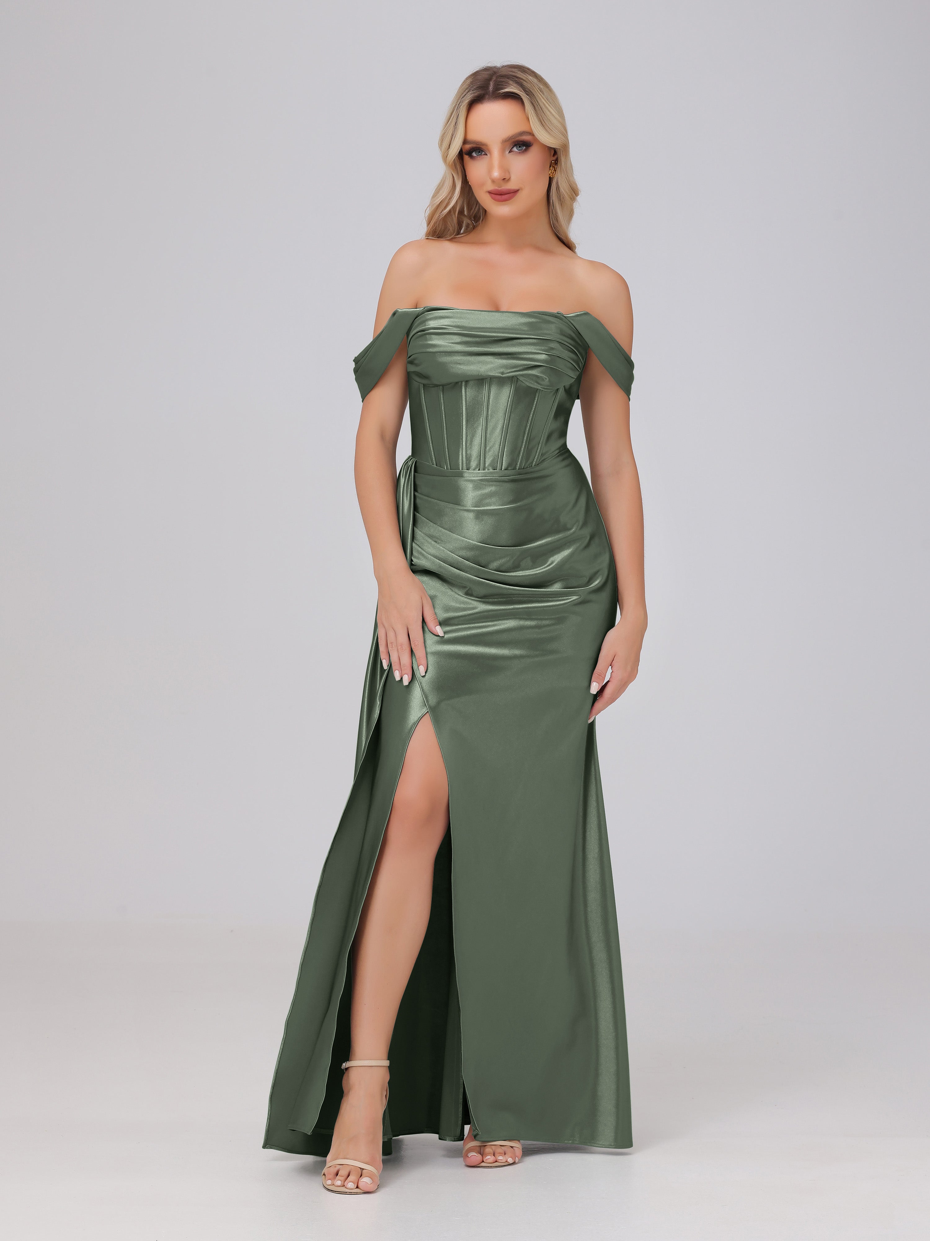 strapless open back dress Olive Green Tulle Long Sleeve Off-Shoulder Dress – Lisposa main image 1