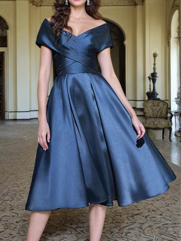Off the Shoulder Cross Bodice Tea Length Mother of the Bride Dress