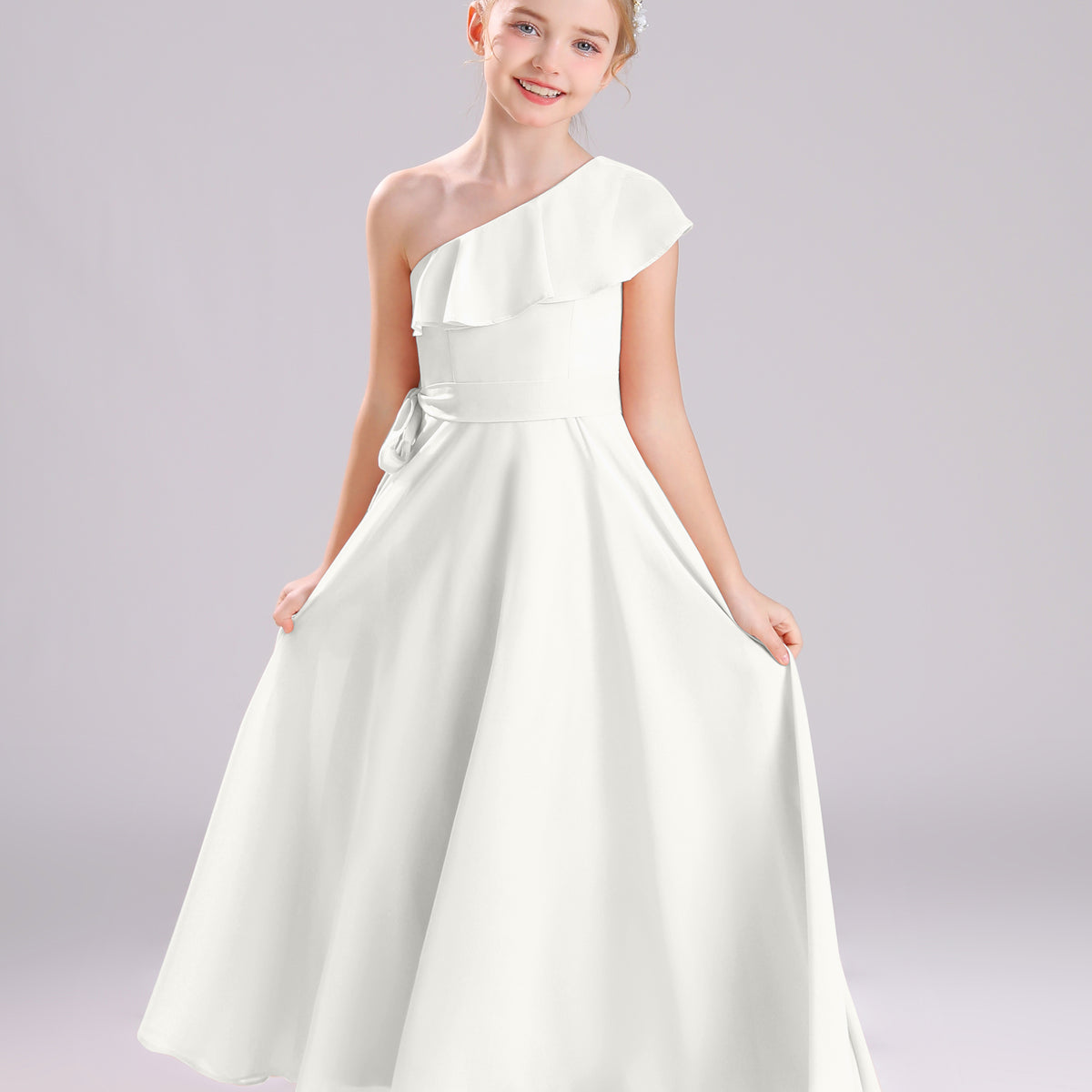 One Shoulder Floor-Length Chiffon Junior Bridesmaid Dress, Pearl_Pink