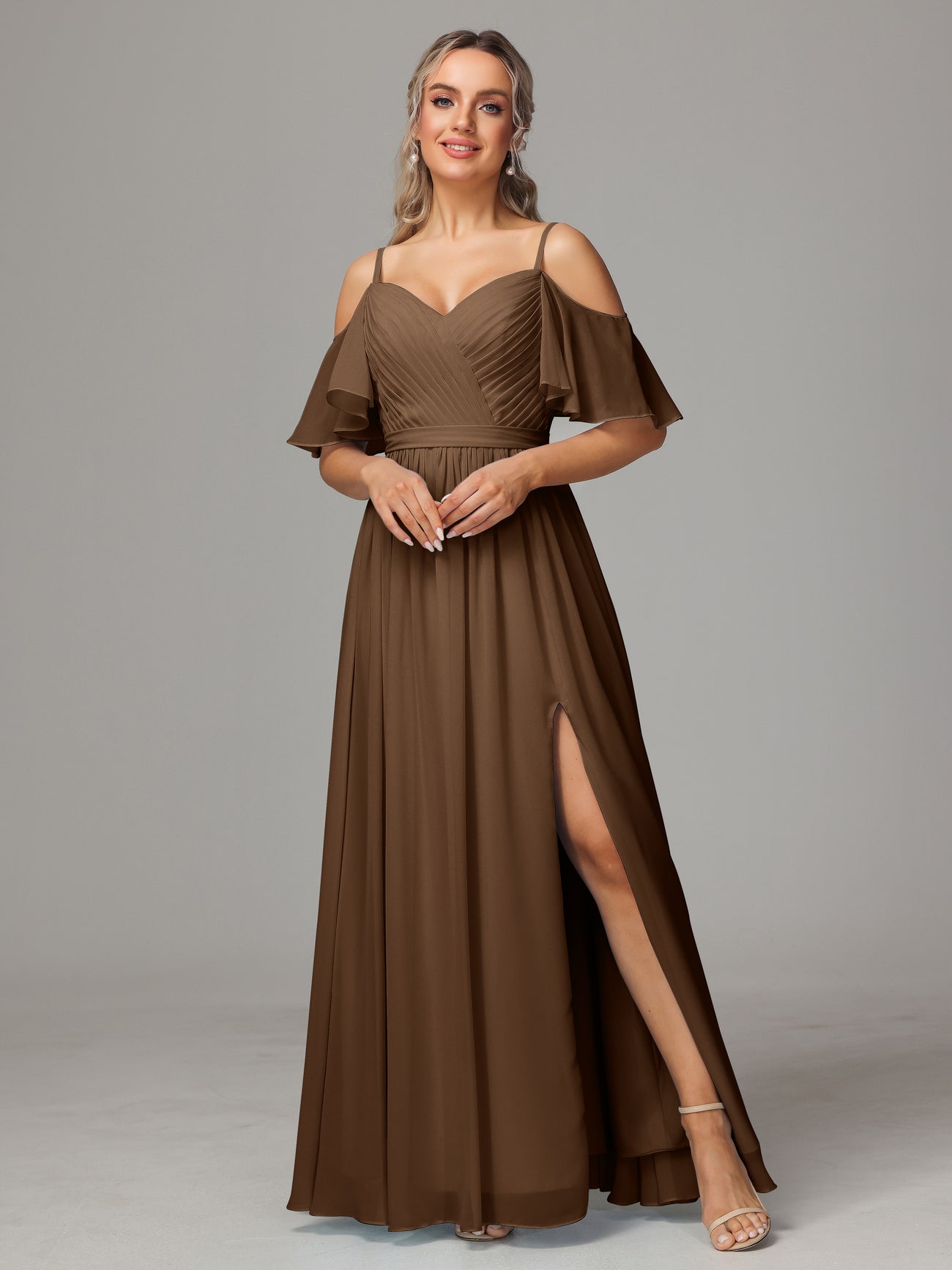 Halter Chiffon Bridesmaid Dress with Slit Brown