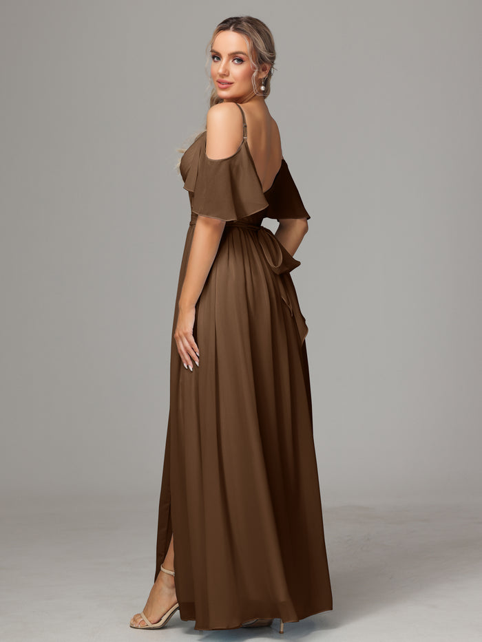 Halter Backless Chiffon Bridesmaid Dress With Slit - Turquoise