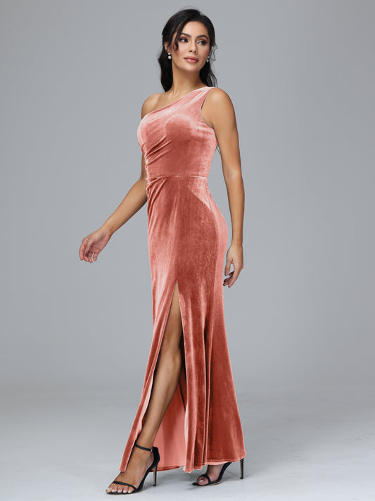 One Shoulder With Slit Plus Size Velvet Bridesmaid Dress