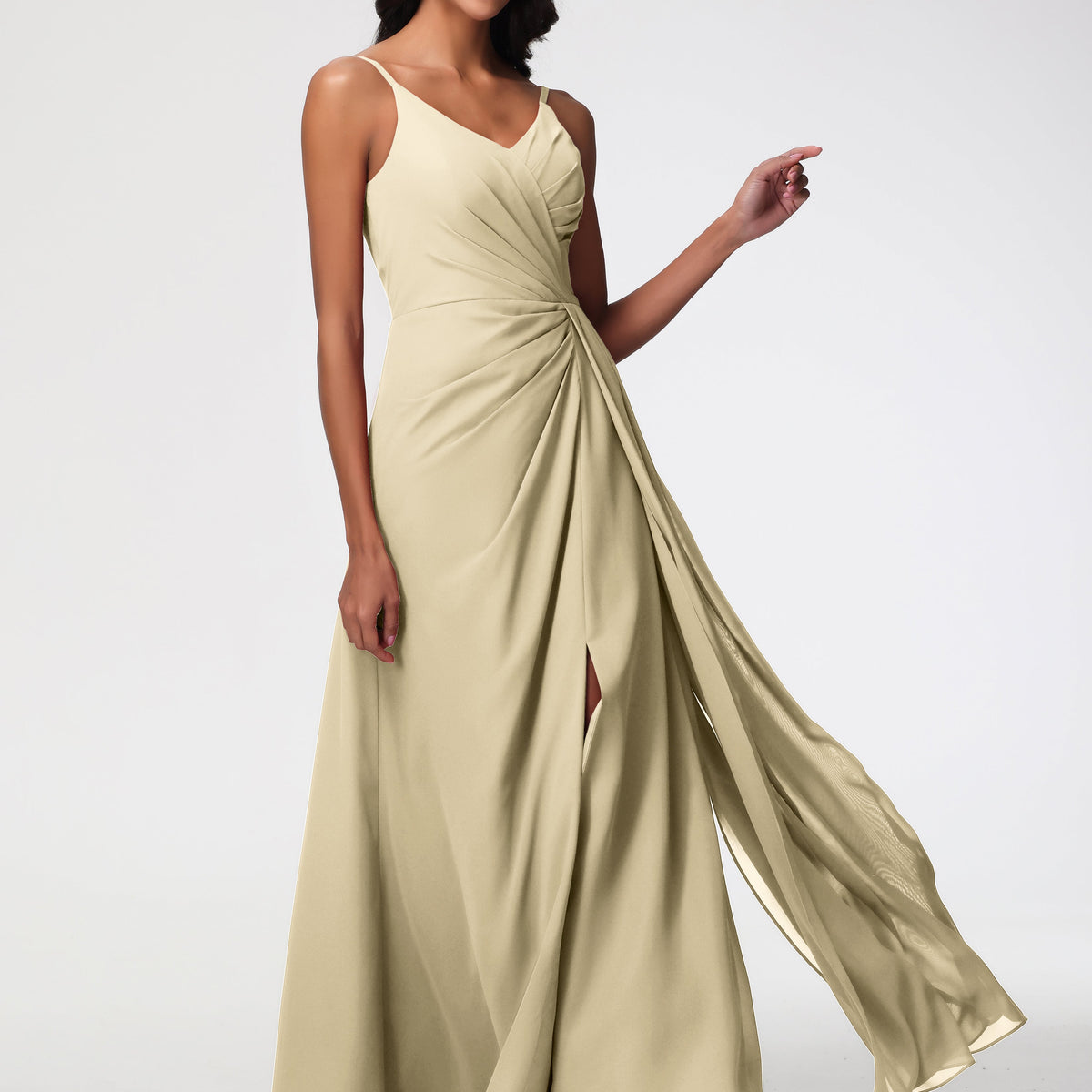 Long Chiffon Champagne Bridesmaid Dresses A-Line V-Neck Spaghetti Straps Ruched Chiffon Bridesmaid Dresses with Slit