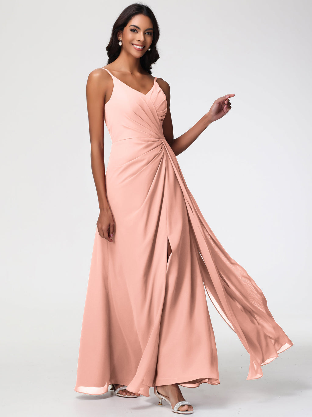 Coral Bridesmaids A-Line V-Neck Spaghetti Straps Ruched Chiffon Brides