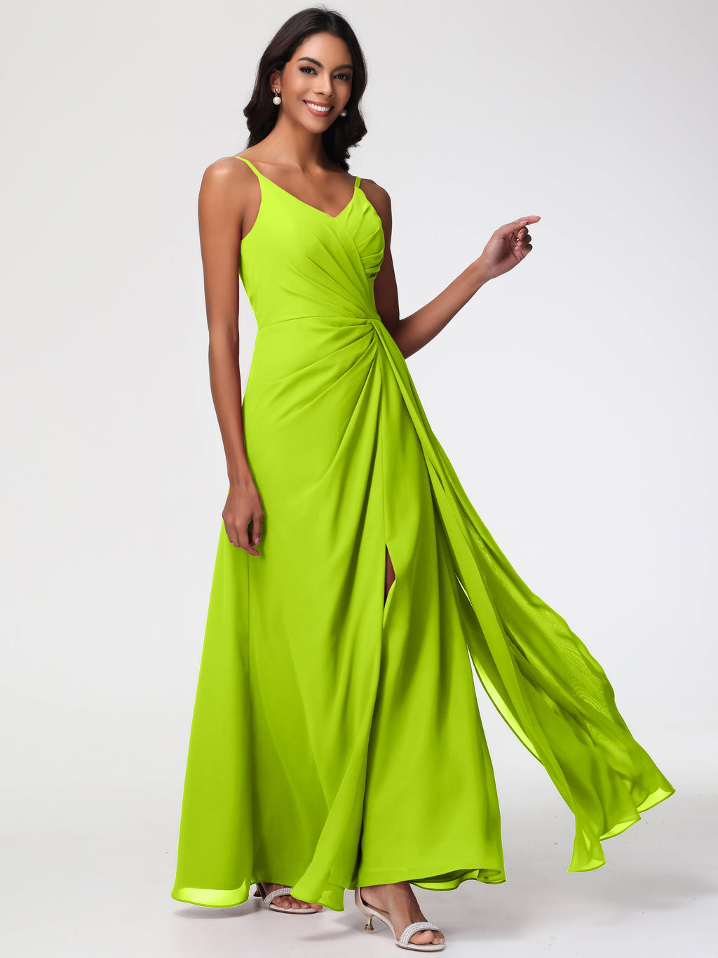 Lime Green Bridesmaids A-Line V-Neck Spaghetti Straps Ruched Chiffon Bridesmaid Dresses with Slit