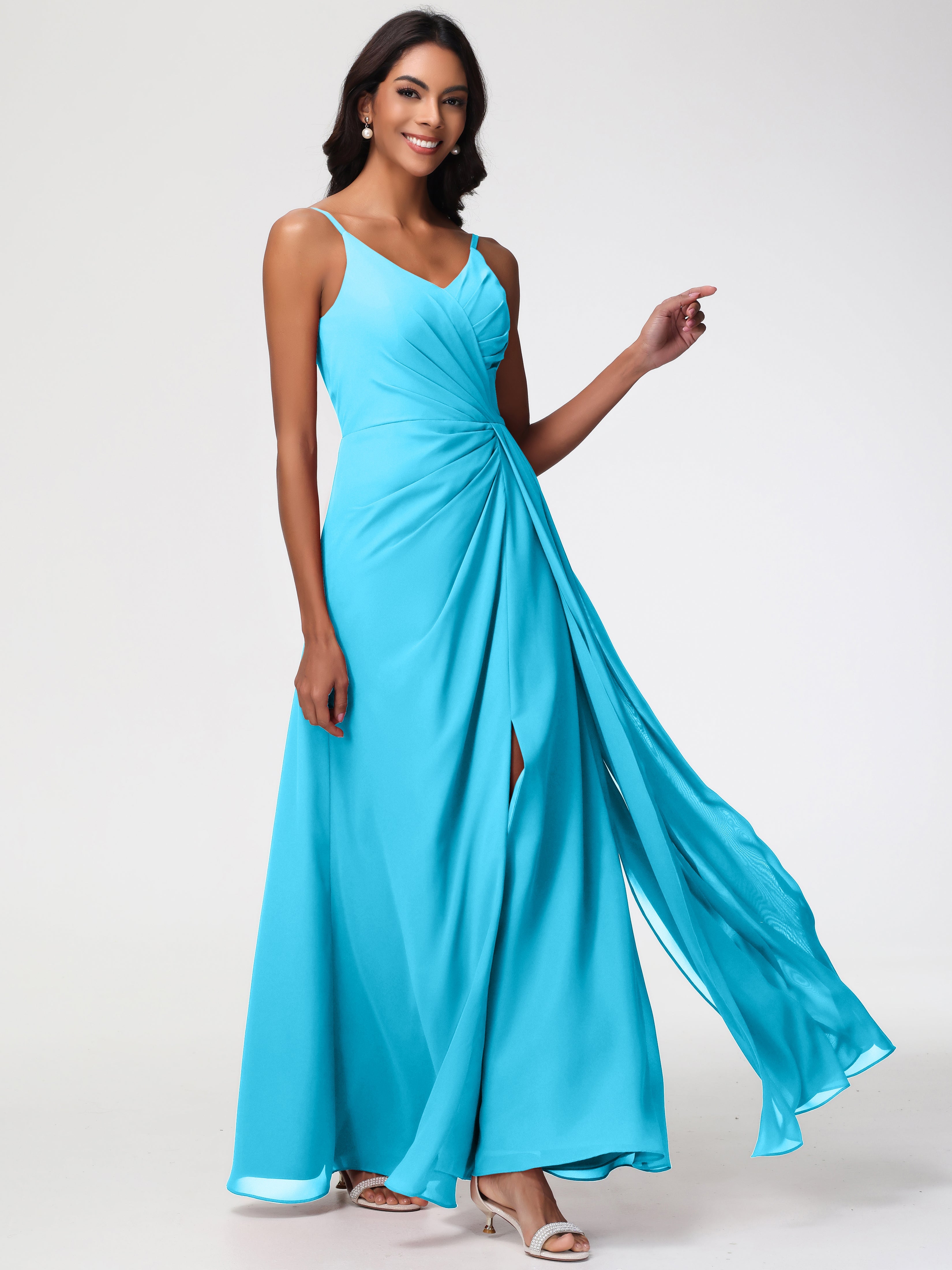 pool blue bridesmaid dresses Pool Blue Pleated Chiffon V Neckline A-line Bridesmaid Dress