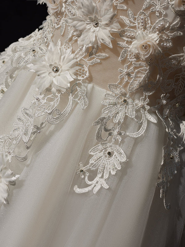 A-Line Chiffon Dress with Flower Appliqued Ivory