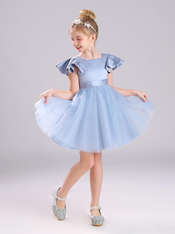 Puffy Sleeves V-Back with Bowknot Satin Top Tulle Flower Girl Dress