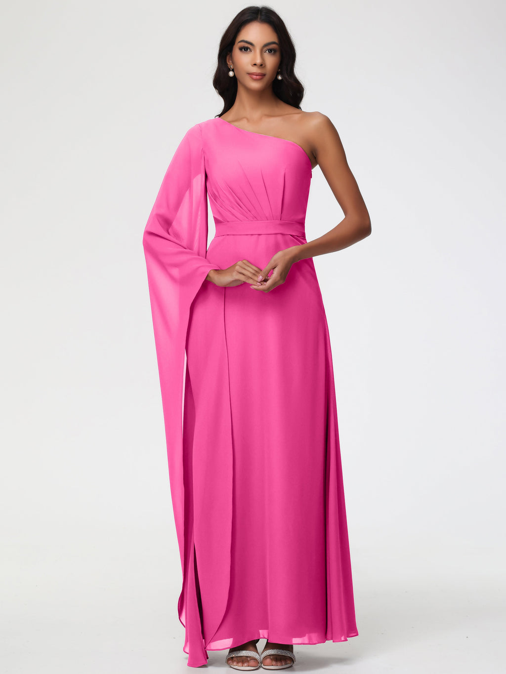 Azalea Bridesmaid Dress Flowy One Shoulder Long Sleeves Floor Length Chiffon Bridesmaid Dresses