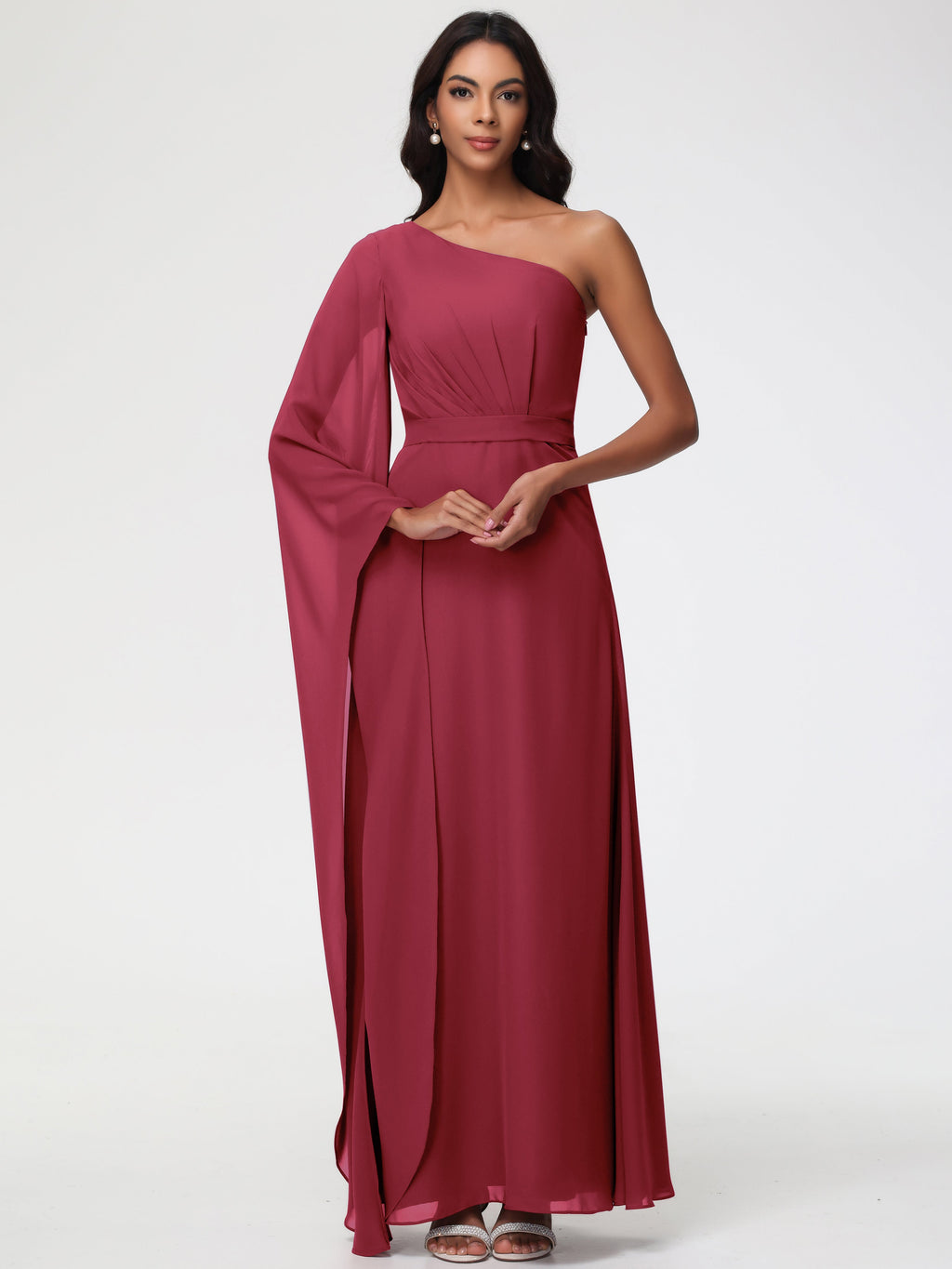 Cinnamon Rose Bridesmaid Flowy One Shoulder Long Sleeves Floor Length Chiffon Bridesmaid Dresses