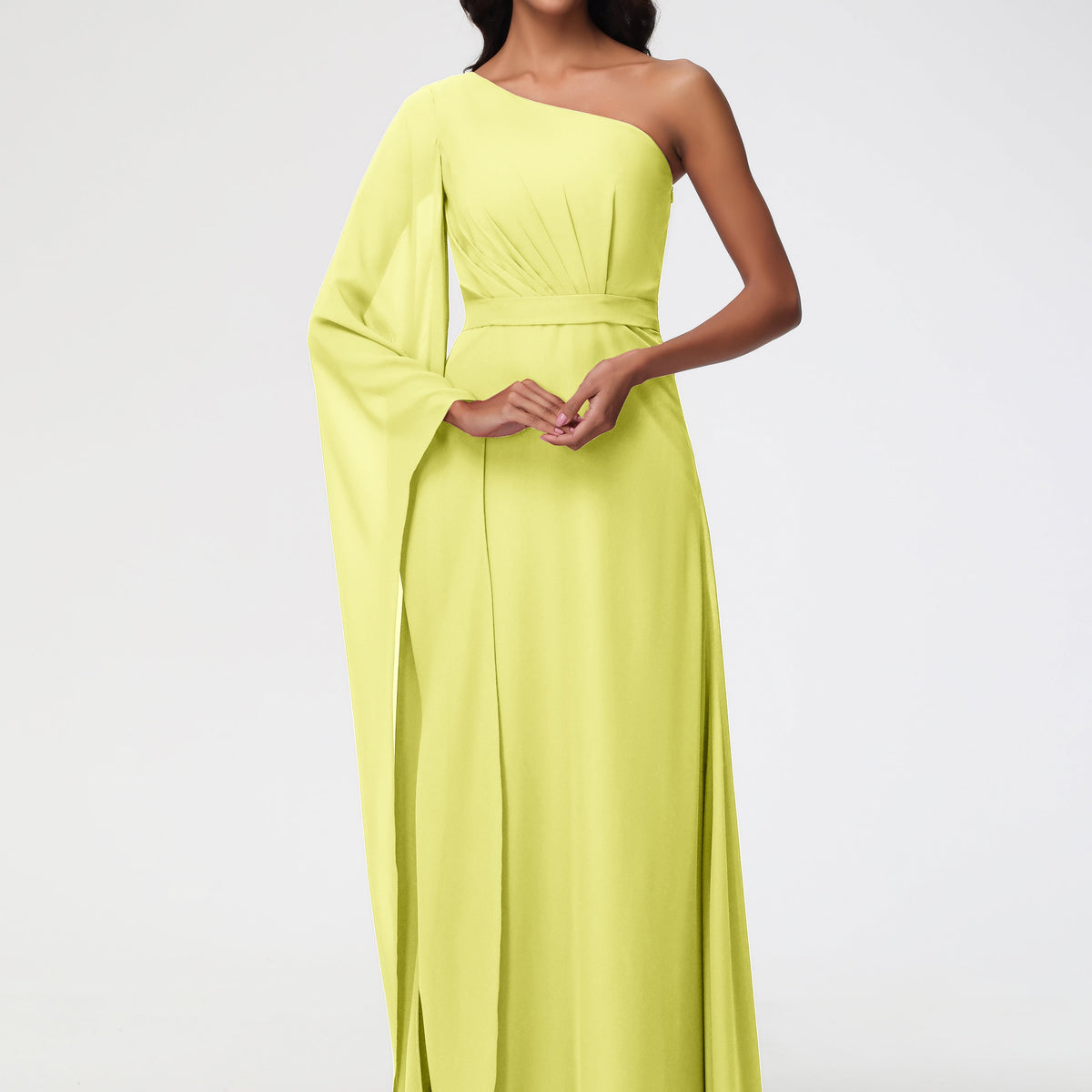 daffodil yellow bridesmaid dresses Dress Flowy One Shoulder Long Sleeves Floor Length Chiffon Bridesmaid GLV38-BLACK-ONESIZE Cocktail dress 1G19 Sizes:S evening party or any