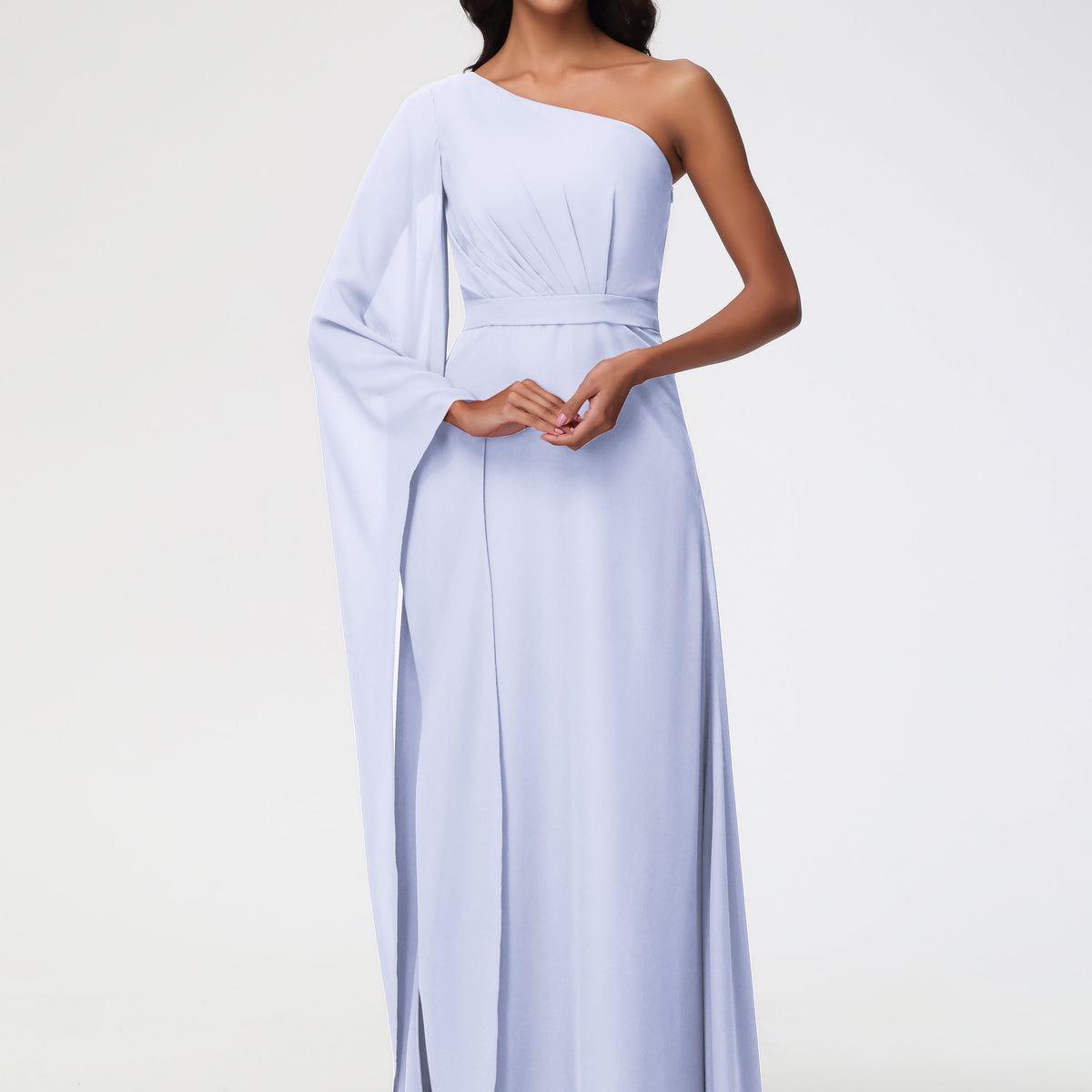 Lavender Bridesmaids Dress Flowy One Shoulder Long Sleeves Floor Length Chiffon Bridesmaid Dresses