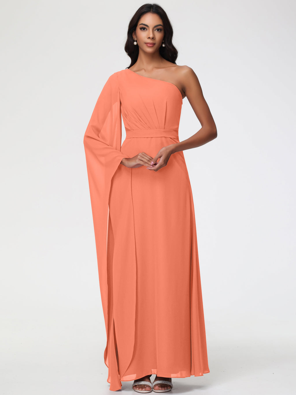 sunset bridesmaid dresses Theme Flowy One Shoulder Long Sleeves Floor Length Chiffon Bridesmaid Dresses Size:16.5 South Of France Maxi Available in full size wedding_dress