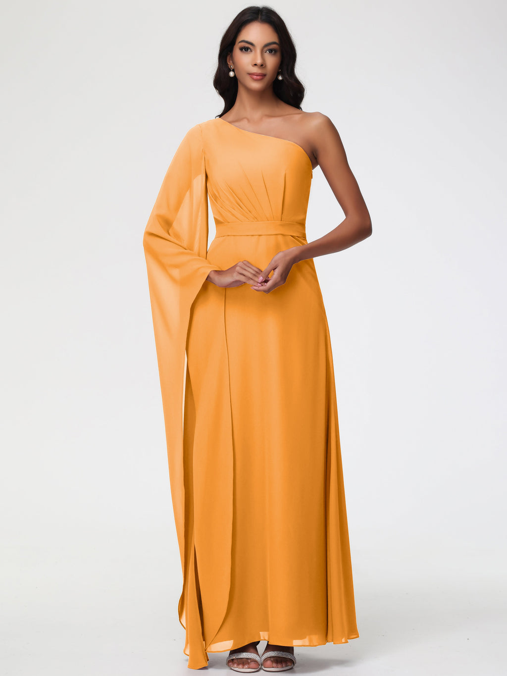 Tangerine Bridesmaids Dresses Flowy One Shoulder Long Sleeves Floor Length Chiffon Bridesmaid Dresses