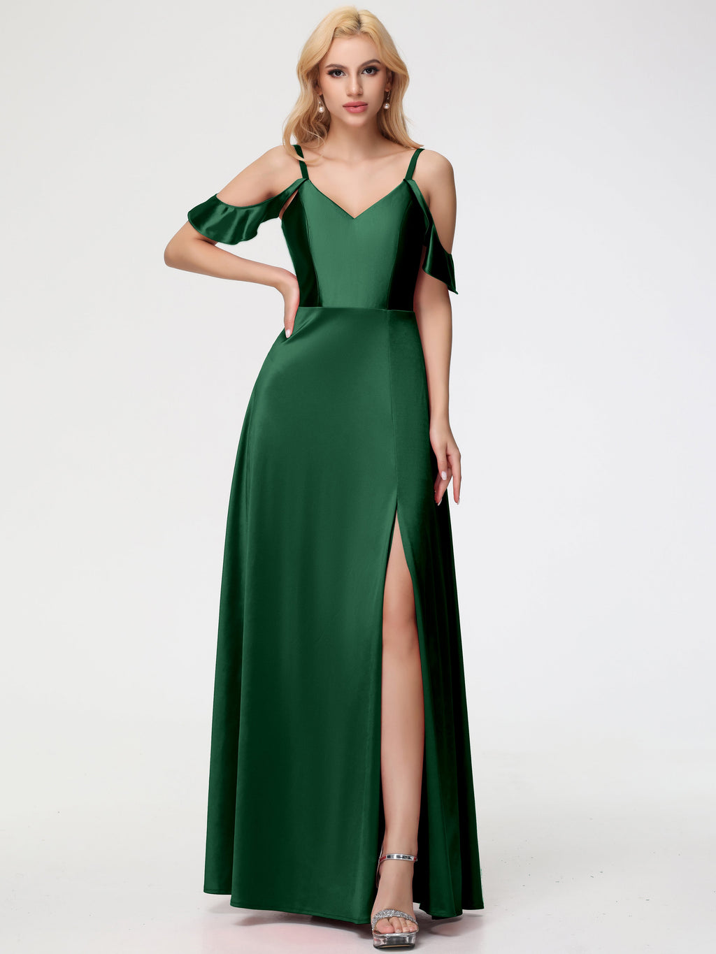 dark green off the shoulder bridesmaid dress Azazie Saige
