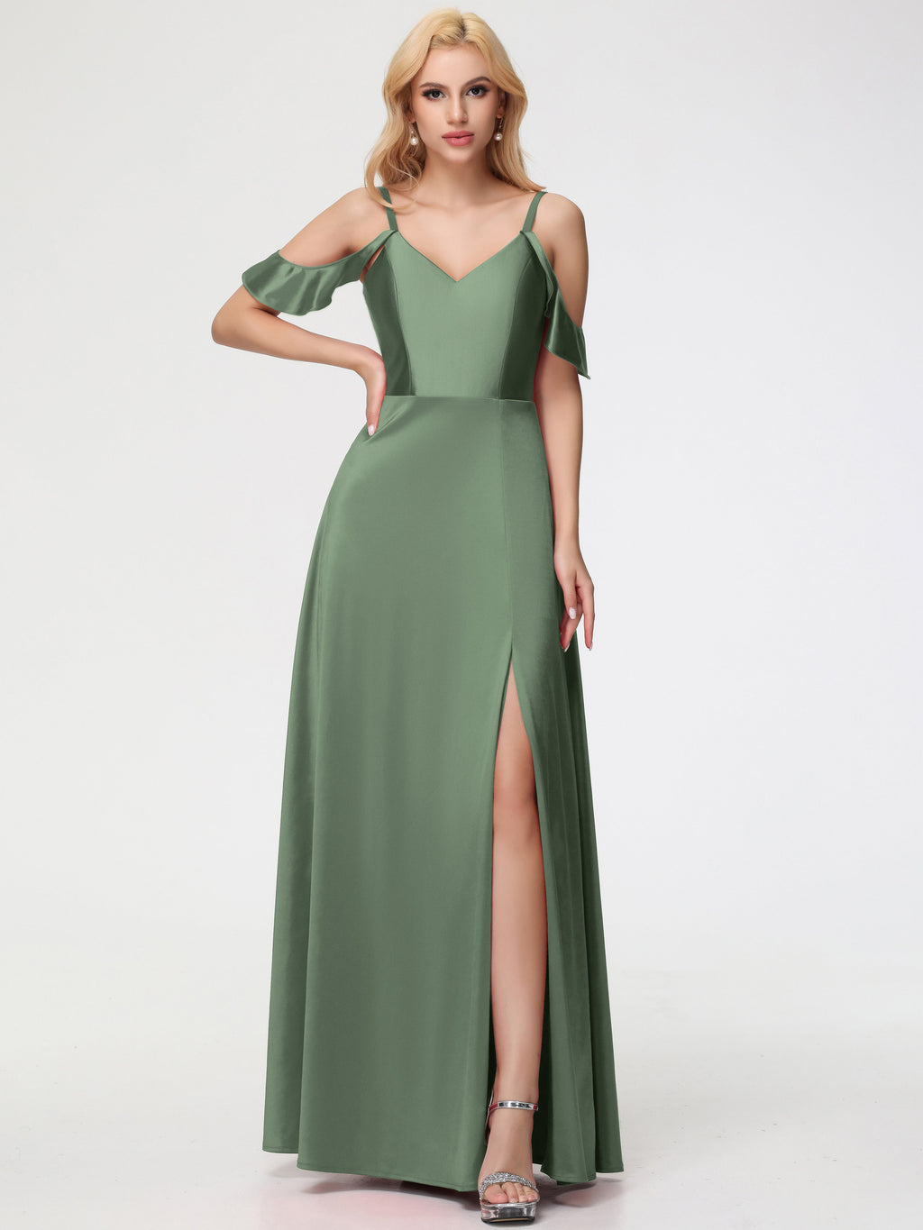 Olive Green Formal Dresses A Line Off The Shoulder V-Neck Stretch Satin Formal Dress With Slit