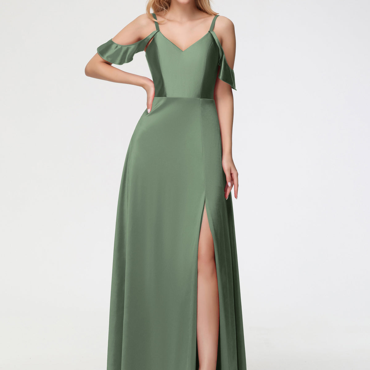 Olive Green Prom Dresses A Line Off The Shoulder V-Neck Stretch Satin