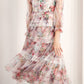 Romantic 3/4 Sleeves Floral Printed Tulle with Lace Trims Tea Length Prom Dresses