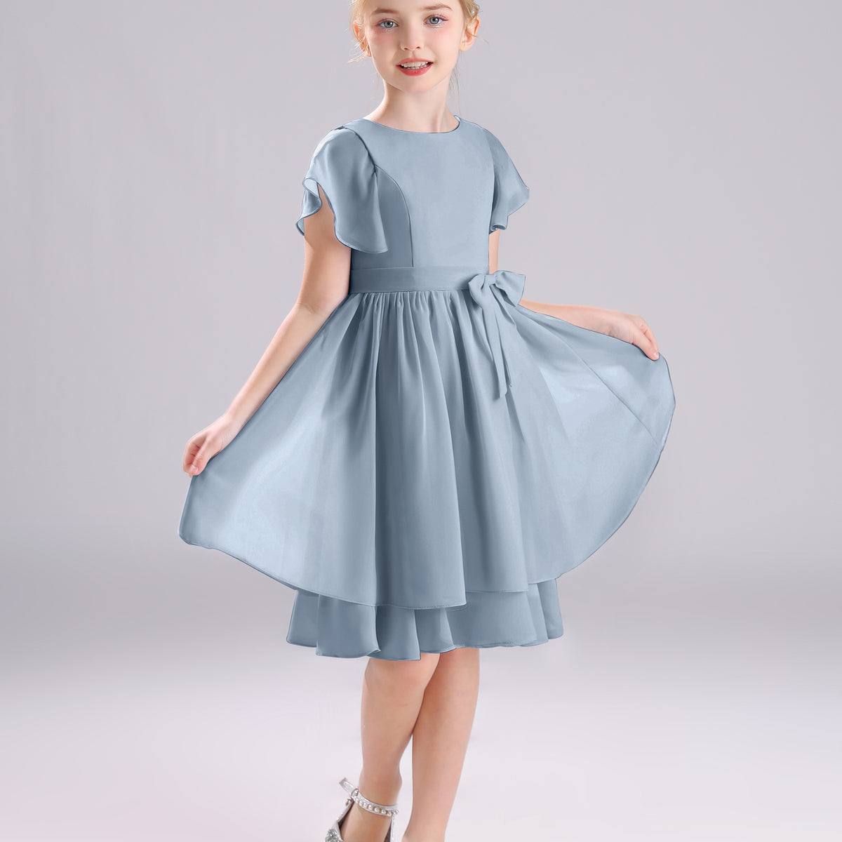 Round Neck Short Sleeves Knee Length Junior Bridesmaid Dress