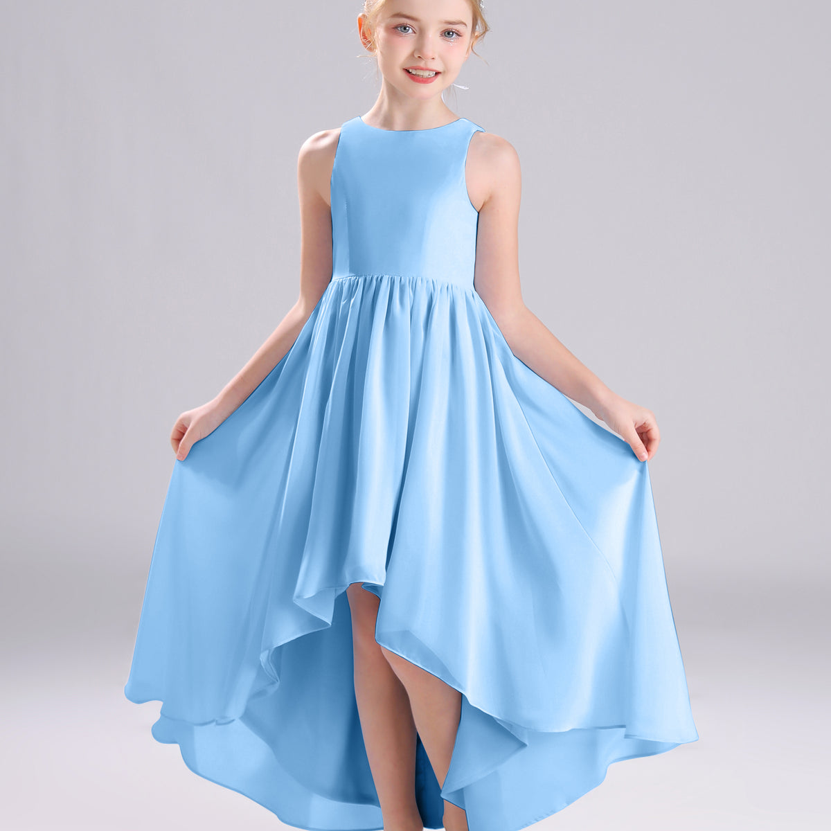 junior high low formal dress dideyttawl High Low Junior Bridesmaid Dress V-Neck Silk Satin Flower Girl Dress Sleeveless Formal Special Occasion Dress for Wedding 2523, Dusty Blue main image 1