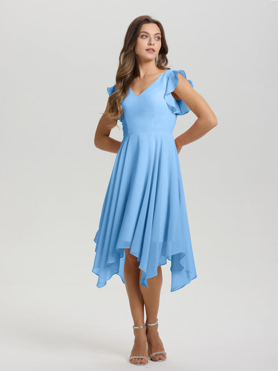 Tea-length V-Neck Chiffon A-Line Dress with Ruched Waist Dusty Blue