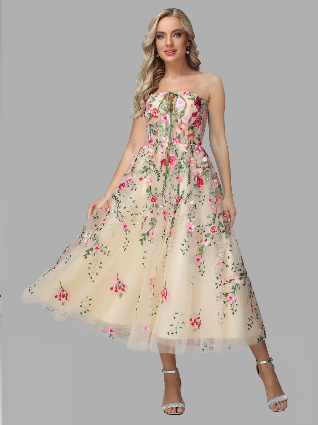 Strapless Floral Lace Tea Length Prom Dresses Strapless Floral Lace Tea Length Prom Dresses
