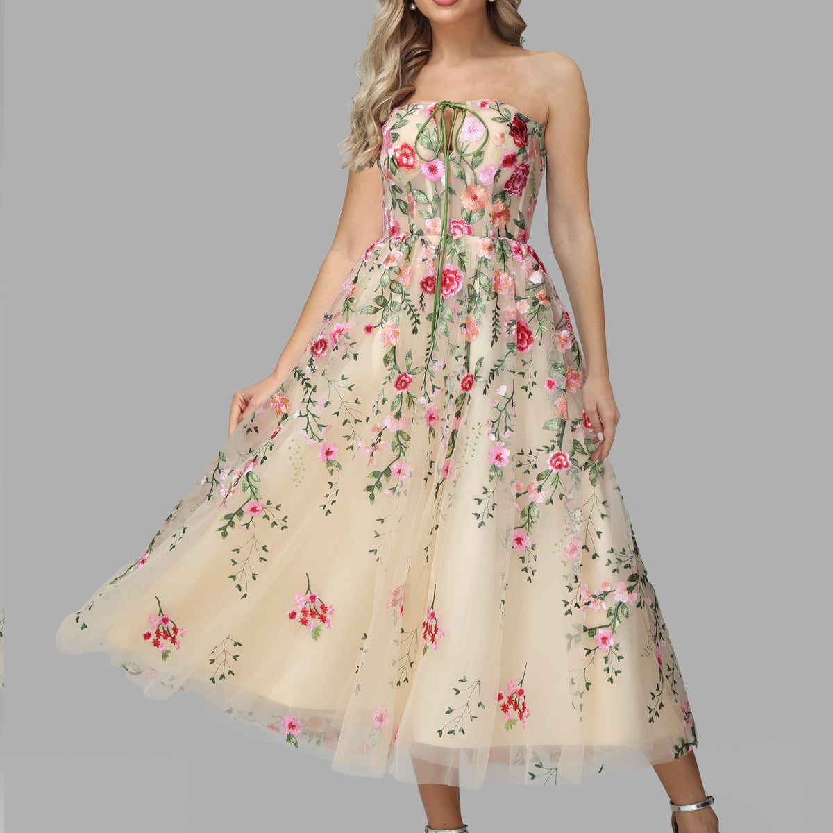Strapless Floral Lace Tea Length Prom Dresses Strapless Floral Lace Tea Length Prom Dresses