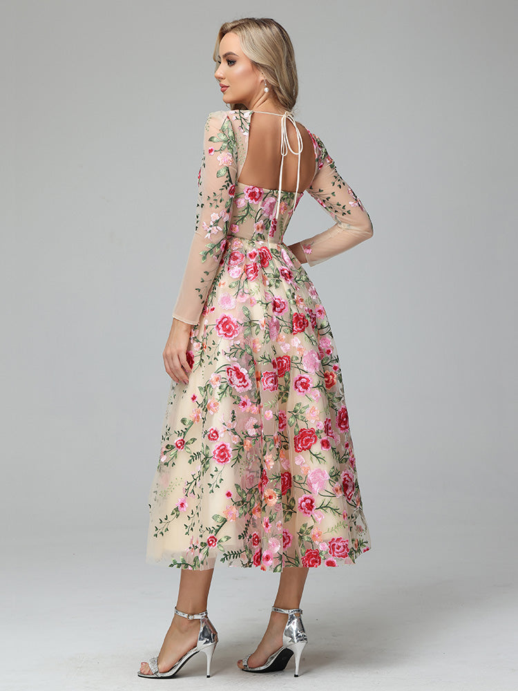Long Sleeves Floral Lace Tea Length Mother of the Bride Dress