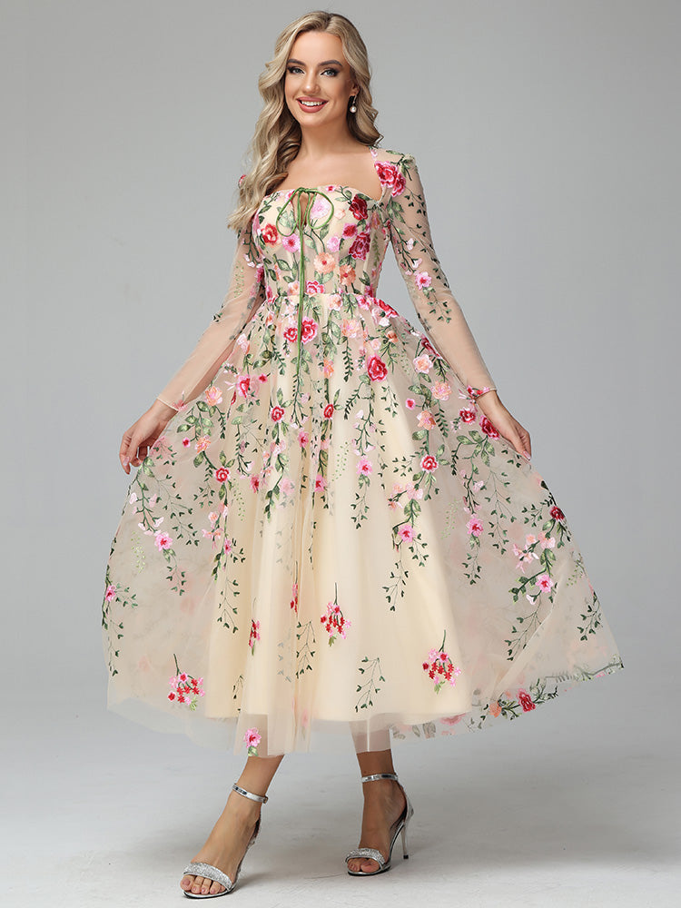 Long Sleeves Floral Lace Tea Length Prom Dresses