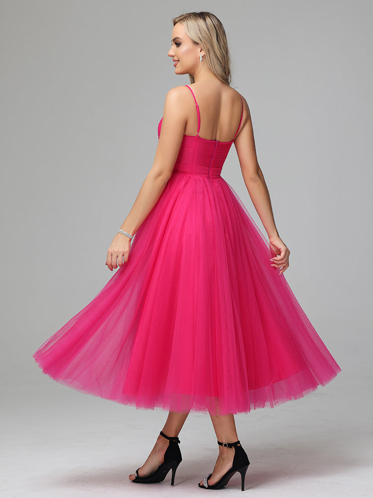 Chic Spaghetti Straps Tulle Tea Length Prom Dresses