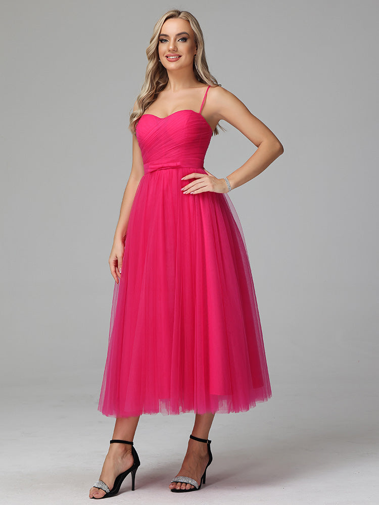 Chic Spaghetti Straps Tulle Tea Length Prom Dresses