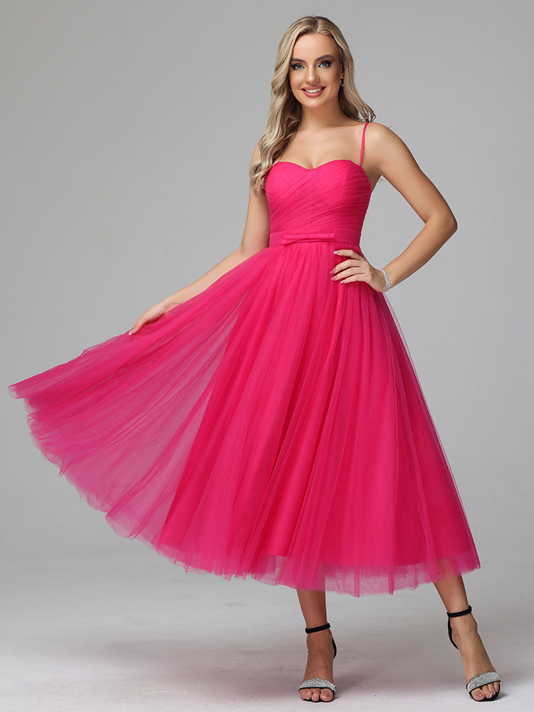 Chic Spaghetti Straps Tulle Tea Length Prom Dresses