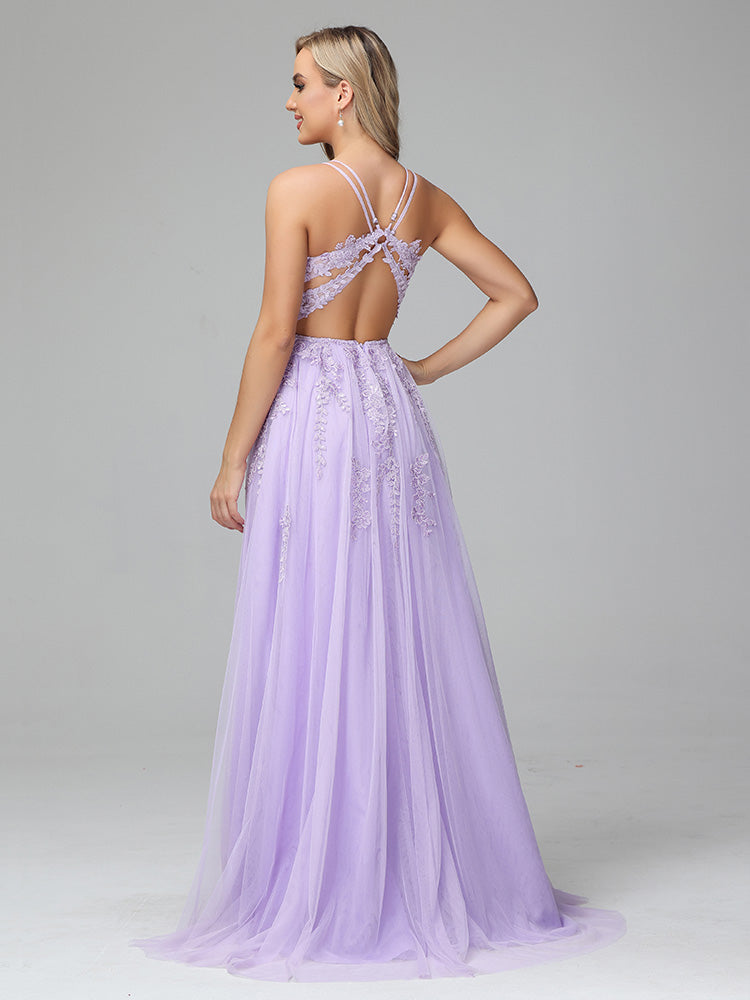 Spaghetti Straps Lace Appliques Tulle Long Prom Dresses