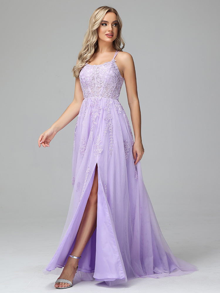 Spaghetti Straps Lace Appliques Tulle Long Prom Dresses
