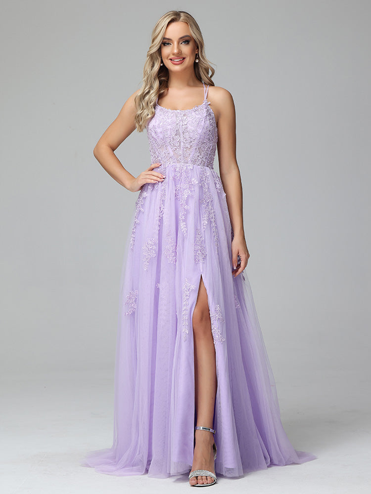 Spaghetti Straps Lace Appliques Tulle Long Prom Dresses