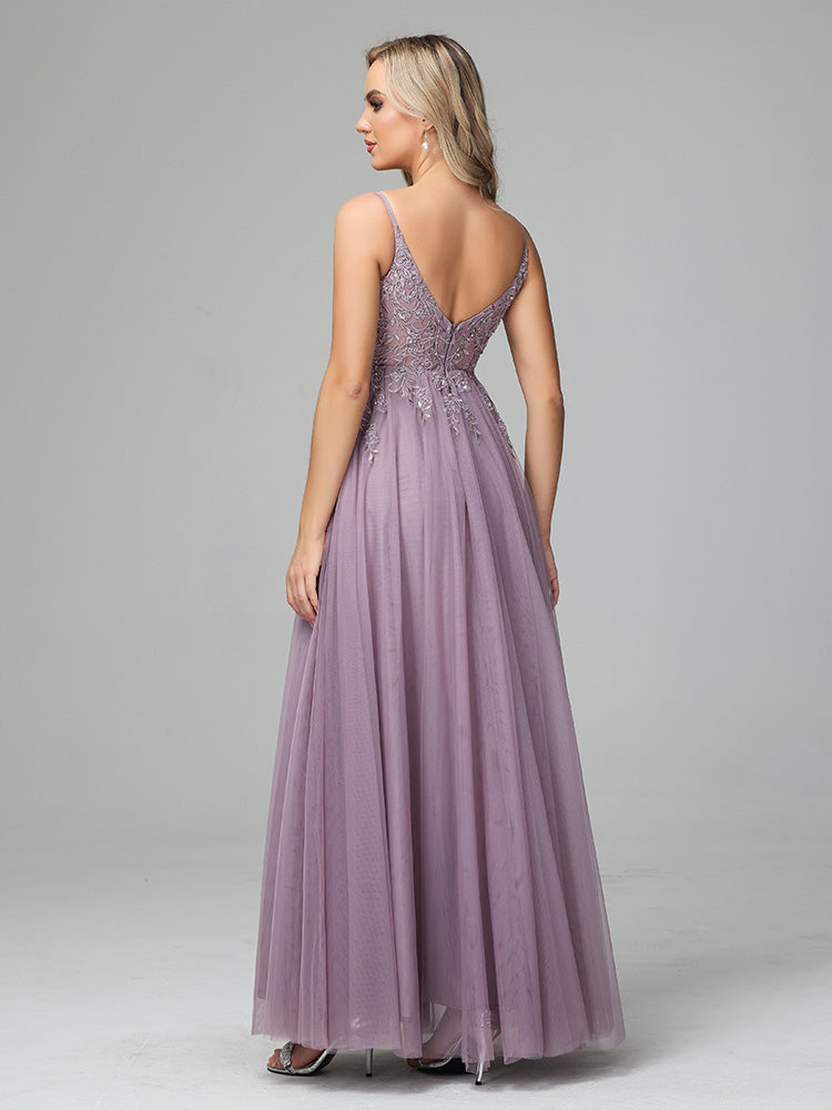 Spaghetti Straps V Neck Lace Appliques Tulle Prom Dresses