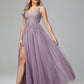 Spaghetti Straps V Neck Lace Appliques Tulle Prom Dresses