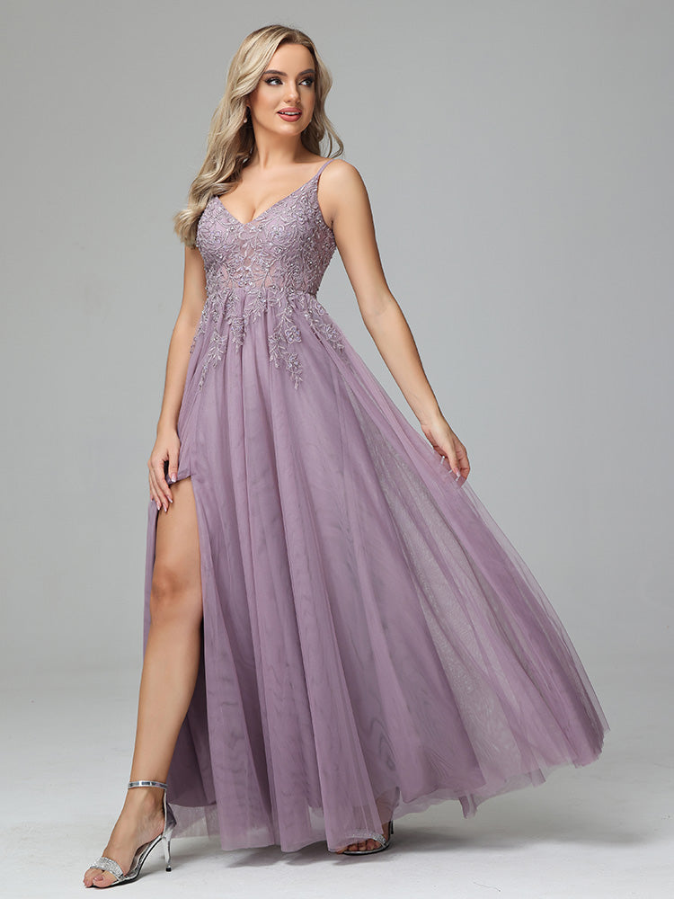 Spaghetti Straps V Neck Lace Appliques Tulle Prom Dresses
