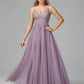 Spaghetti Straps V Neck Lace Appliques Tulle Prom Dresses