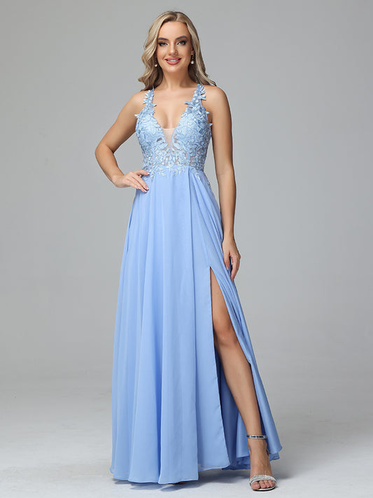 Spaghetti Straps V Neck Lace Appliques Chiffon Prom Dresses