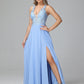 Spaghetti Straps V Neck Lace Appliques Chiffon Prom Dresses